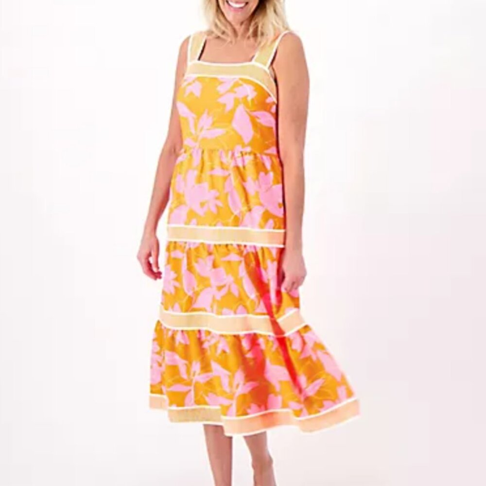 ISAACE MIZRAHI LIVE Women's Regular Printed Tiered Midi Dress Size 14P in Orange